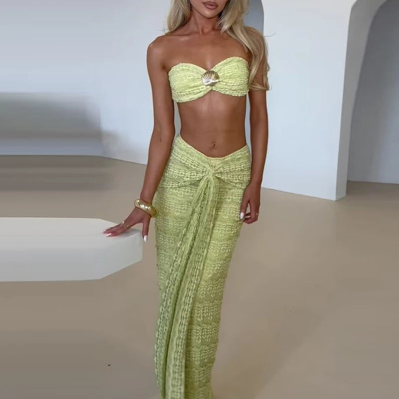 Sexy Solid Hollow Out Swimsuits Outfits Casual Beach Vacation Bathing Suit Set Summer Lace Jacquard Bra&Half Skirts Bikini Sets