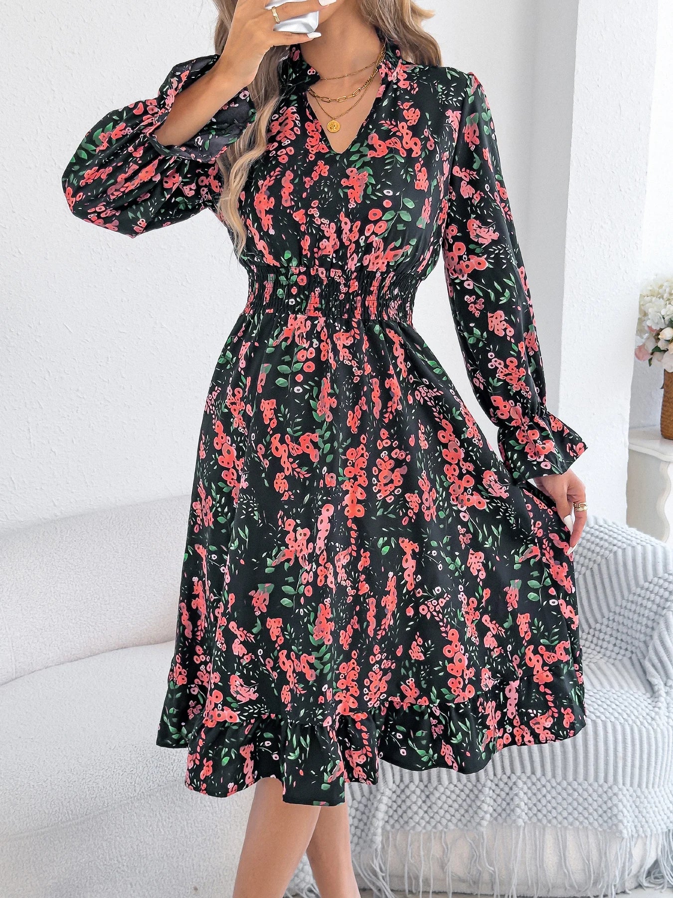 Elegant Floral Print Dresses Women 2025 Autumn Winter V Neck Flare Long Sleeve Ruffled A Line Dress
