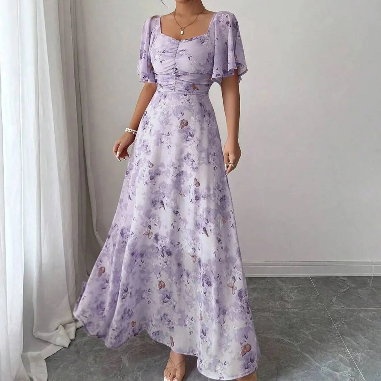 Women's Sweet French Style Mini Dress with Purple Butterfly Print, Batwing Sleeves & Back Zipper