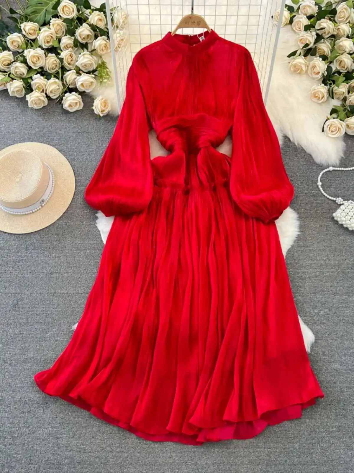 Elegant Long Sleeve Midi Party Dresses Women Summer Autumn Bright Faux Silk Retro Solid Evening Party Vestidos