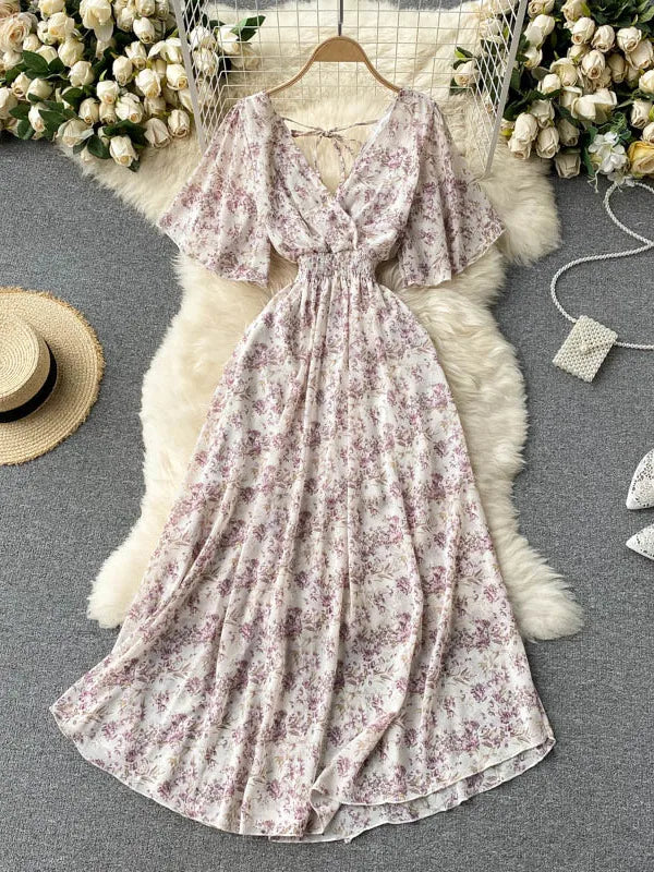 2025 Women Summer Dress Short Flare Sleeve V-neck Chiffon Maxi Dress Boho Style Floral Print High Waist A-line Beach Long Dress