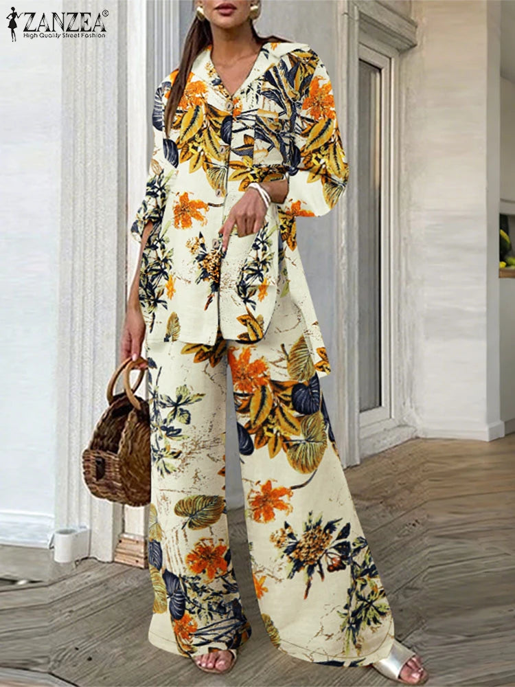 ZANZEA Women Cotton Pant Sets 2025 Print Vintage Autumn Long Sleeve Shirts Wide Leg Pants Outfit Casual OL Suits Oversized Sets