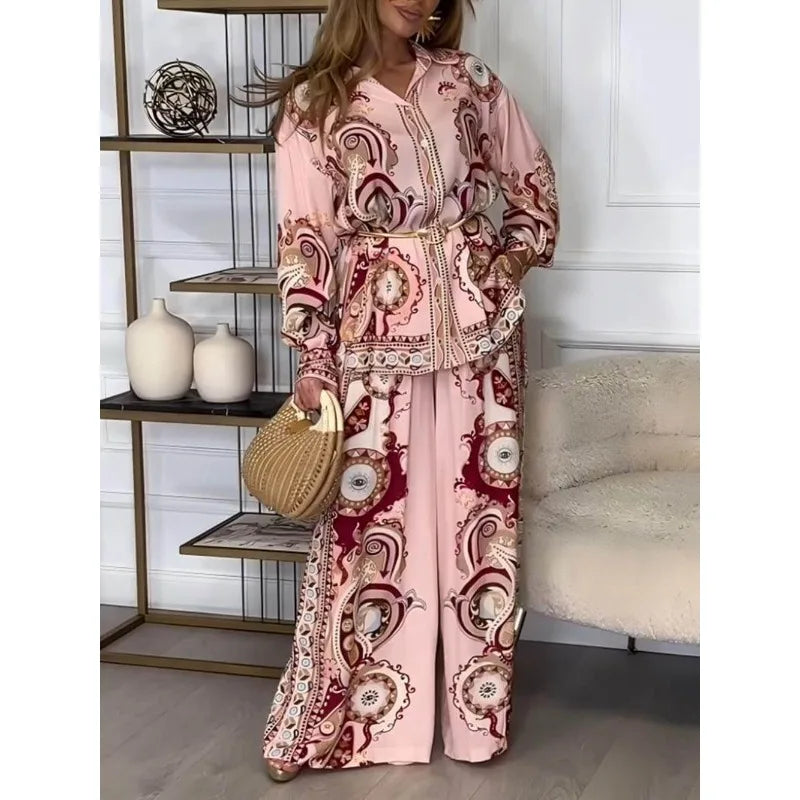 2025 Women Print Two Piece Set Elegant Chic Long Sleeve Shirt Top Wide Leg Pants Set Spring Vacation Tropical Outfits Streetwear
