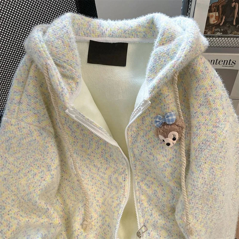 Korean Sweet Knitted Sweater Women Long Sleeve Spring Fall Warm Cardiagn Preppy Style Loose Casual Thick Hooded Outwear