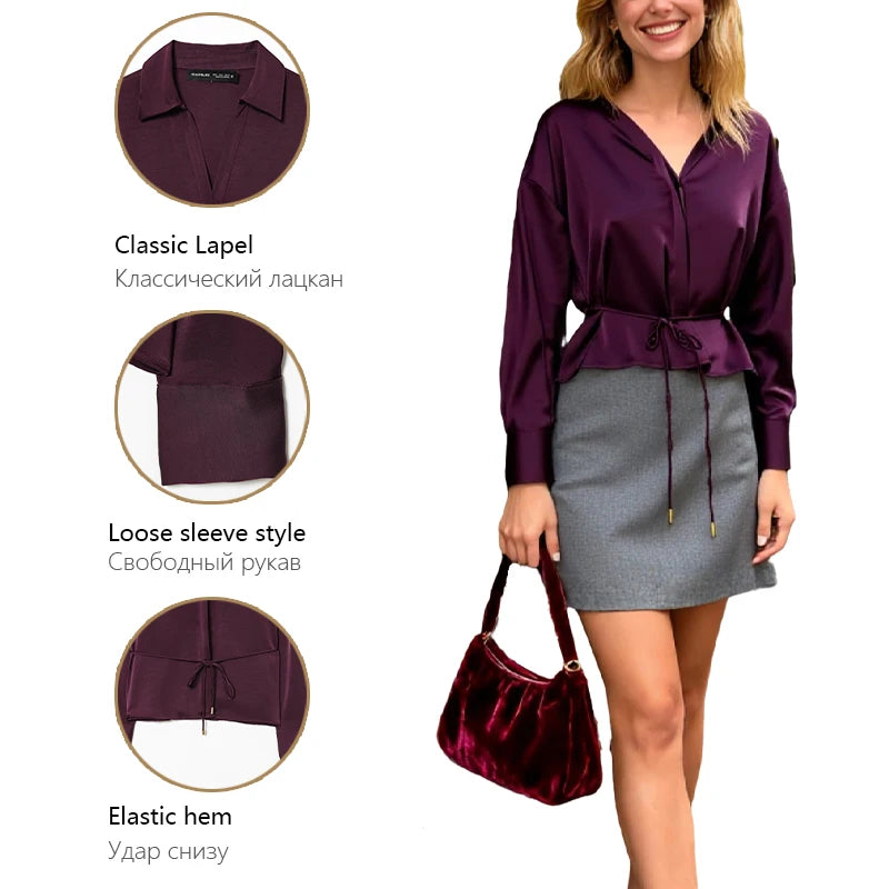 Women's elegant long-sleeve shirt with drawstring waist, available in burgundy and beige, creating a stylish office and casual l