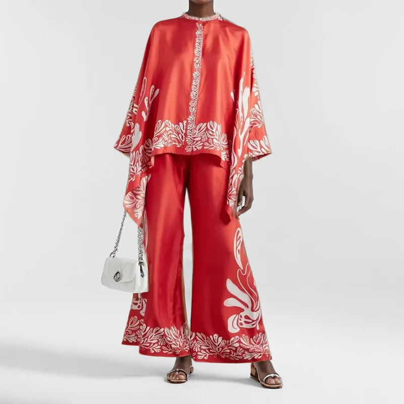 2025 Autumn Fashion Trend Women's Suit Retro Print Irregular Loose Long-sleeved Shirt + Casual Elastic Waist Wide-leg Pants Suit