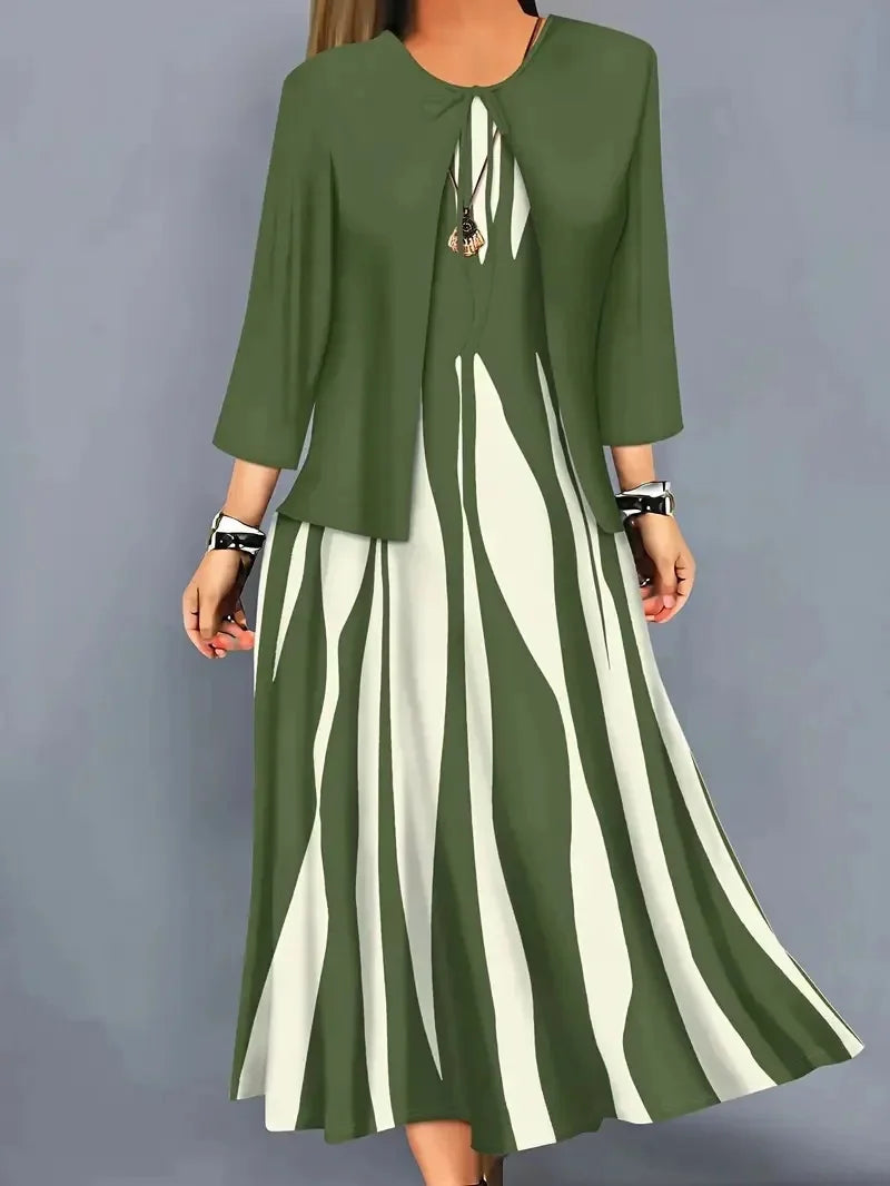 Plus Size Plus Size Geometric Print Long Sleeve Dress And Jacket Set Two Piece Set Large Size Polyester Fiber Women's Fashion