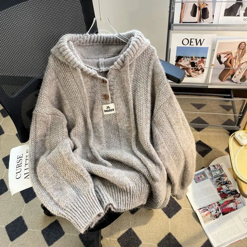 Korean Loose and Lazy Style Hooded Sweater for Women's Autumn and Winter 2024 New Soft and Thick Drawstring Knitted Sweatshirt T