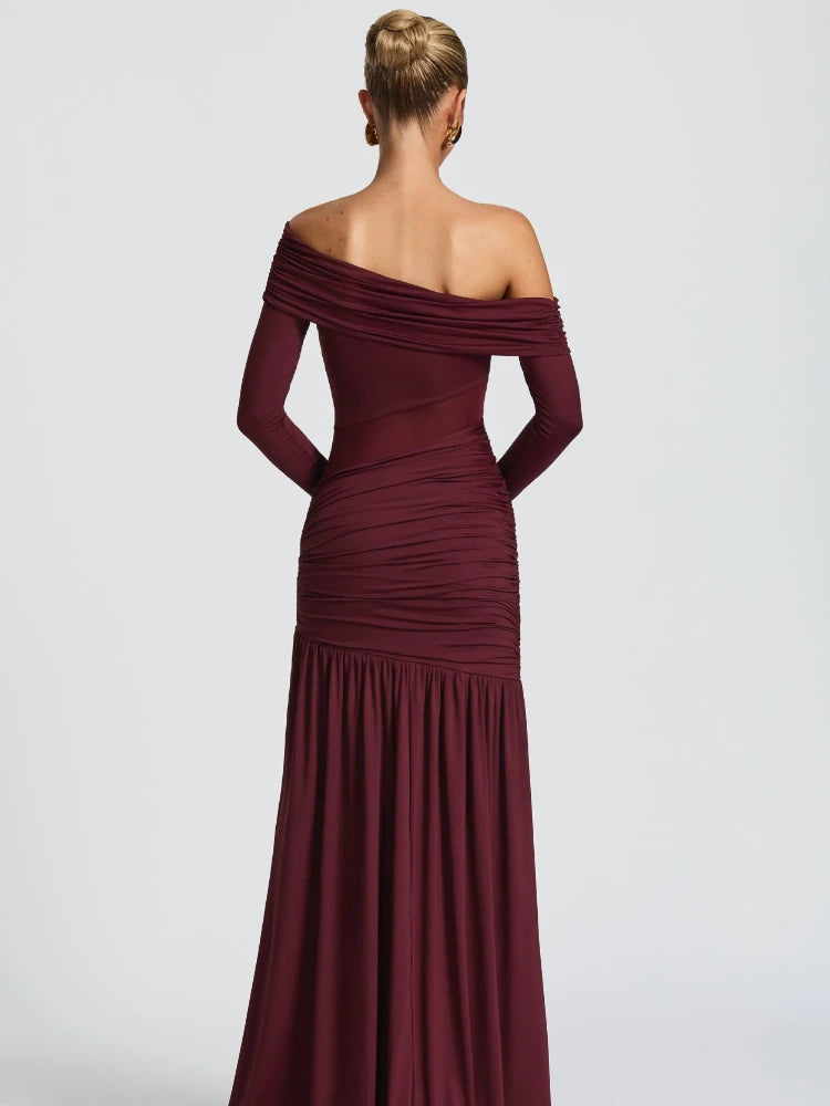 Slanted shoulder long sleeved high slit dress slim fit daily high street punk high street style elegant temperament party dress