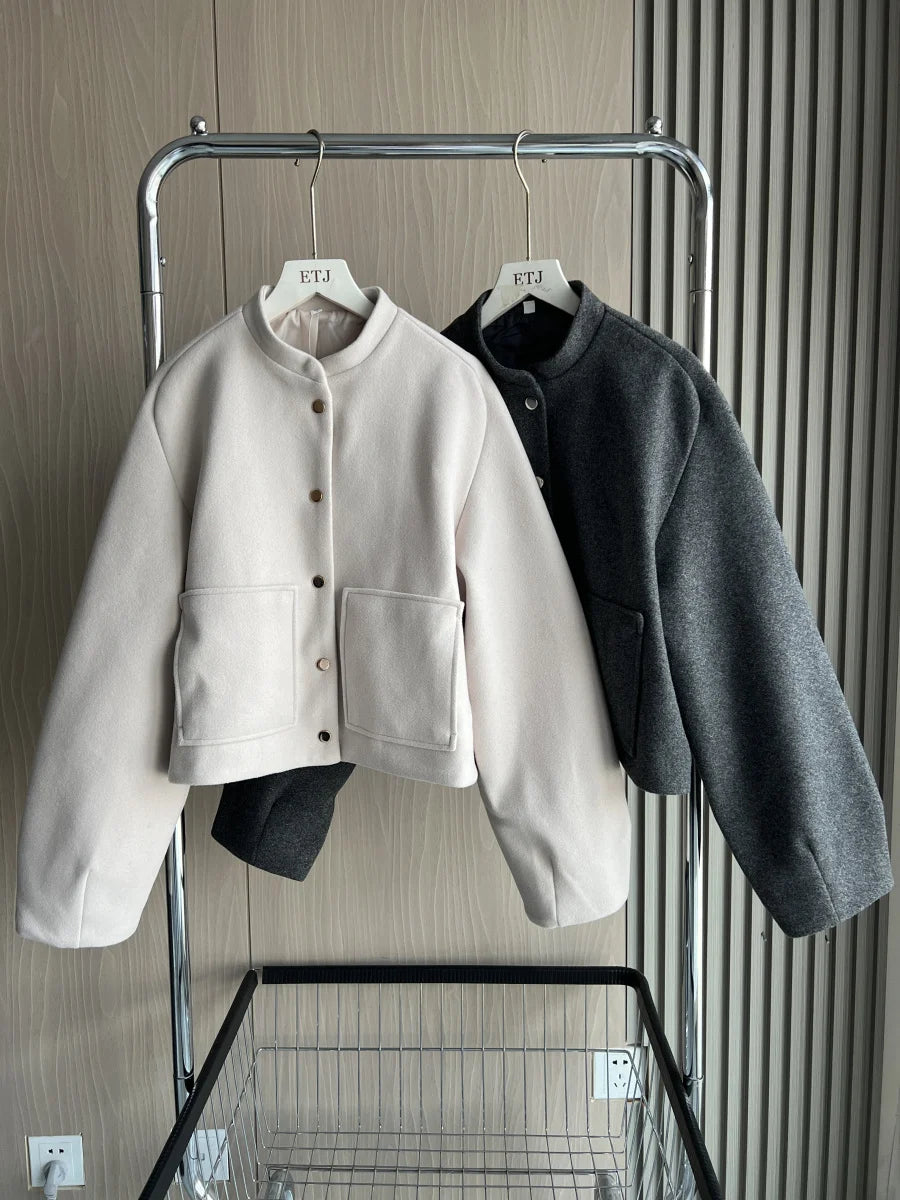 Short bomber jacket with patch pockets ETJ 2025 - New Product - 3D Cut and Loose Fit Long Sleeve Short Coat for Women