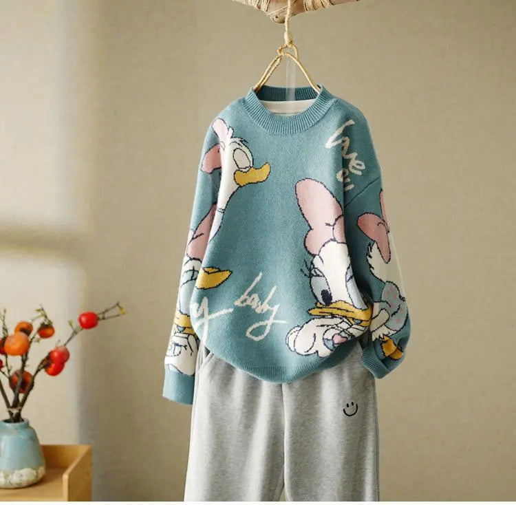 Korean cute Cartoon Long Sleeve Autumn Winter Cardigan Jumper Top Turtleneck Pullovers Casual Sweaters Women Loose Sweater Girl
