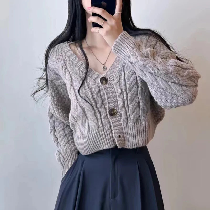 Women Korean Chic Cardigan Sweater Casual All Match Sweet Loose Short Knit Jumpers Female Autumn Winter New Twisted Solid Top