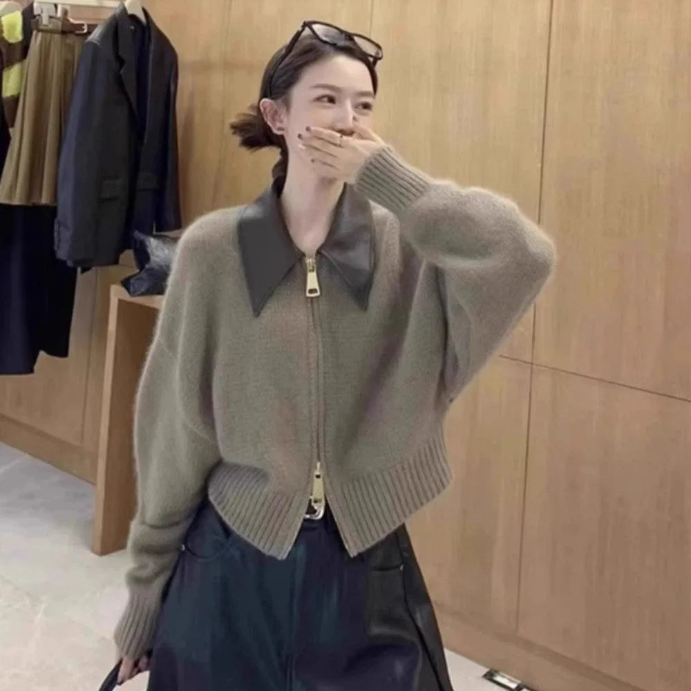 Leather Collar Zipper Front Sweater Cardigan Sewing Pattern Long Sleeved Flip Collar Sweater Knitted Korean Style Crochet Top