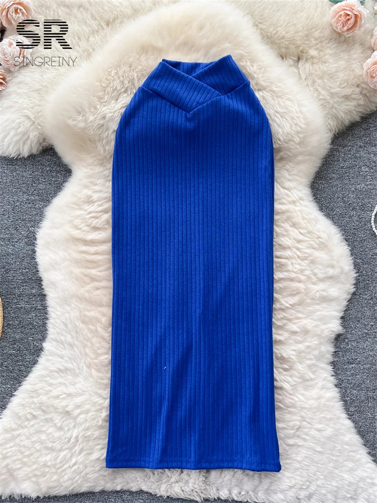 SINGREINY Soft Knit Long Skirt Women Autumn Elastic High Waist Solid Elegant Fashion 2023 Ladies Slim Casual Y2K Classic Skirt