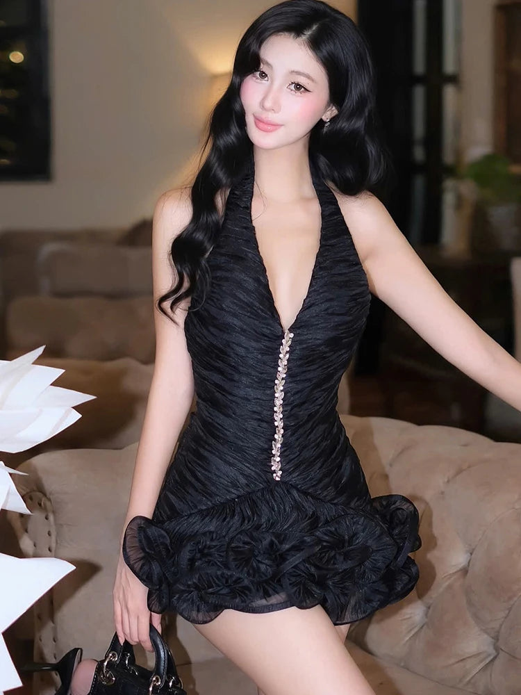 Nibber Sexy Backless Halter Puffy Dress Women Crystal Sticker Stripe Sleeveless Ruched Party Club Stretch Trend Mini Bodycon