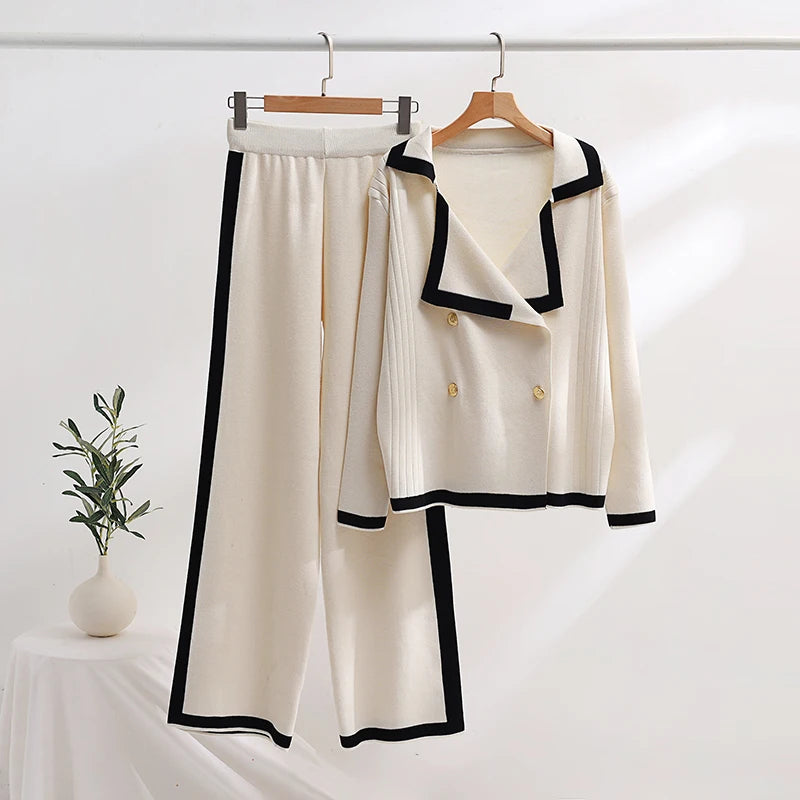 Elegant Knitted Blazer Set Women Black White Tracksuit Women Two Piece Set Casual Winter Knitted Two Piece Set For Women 2024
