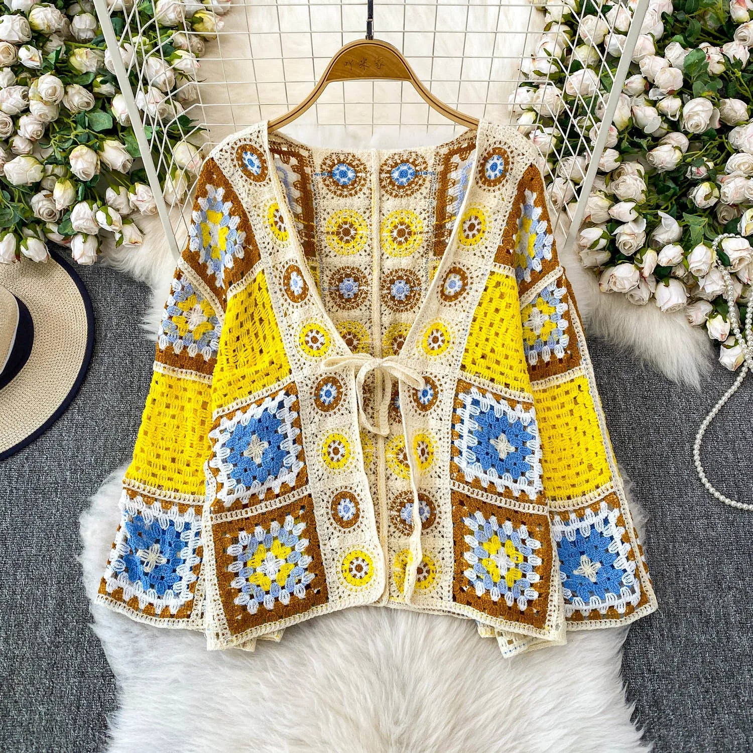 Women's Crochet Cardigan Open Front with Tie Granny Square Openwork Knit Oversized Jacket Top Female Summer Boho Vacation Outfit
