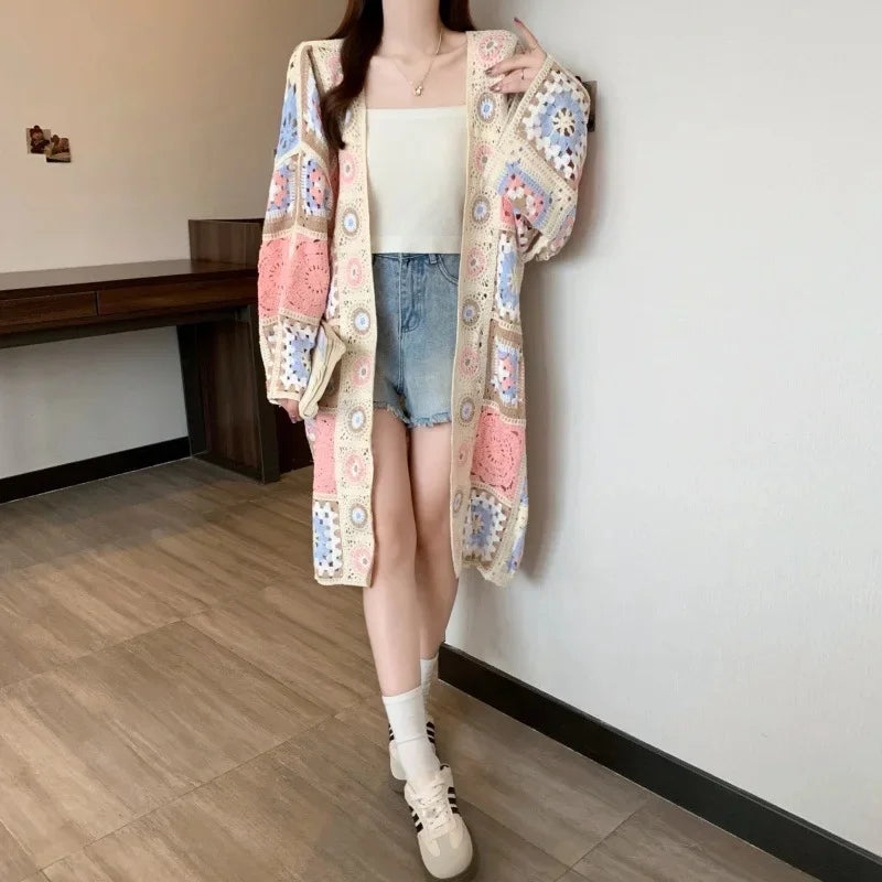 Bohemian Lace Hollow out Loose Knitwear Outerwear V-Neck Long Open Cardigan Dopamine-style Summer Thin Sweater Vest