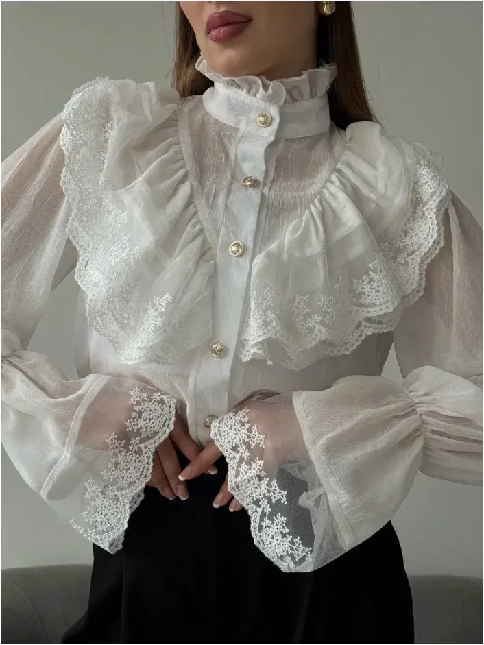 Fashion Korean White Blouse Women Blusas Stand Neck Chiffon Shirts Long Sleeve Ruffles Lace Blouses Vintage Elegant Femme Tops