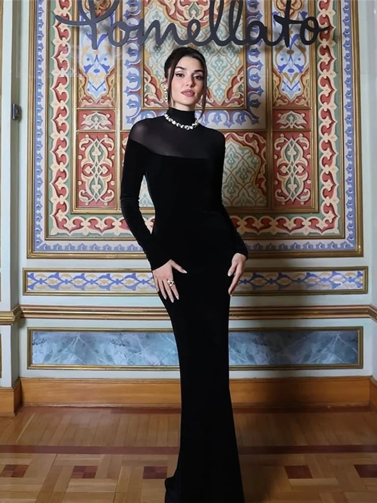 Nibber Full Sleeve Turtleneck Mesh Patchwork Long Dress Woman Elegant Velvet Slim High Waist Evening Prom Party Elegant Bodycon