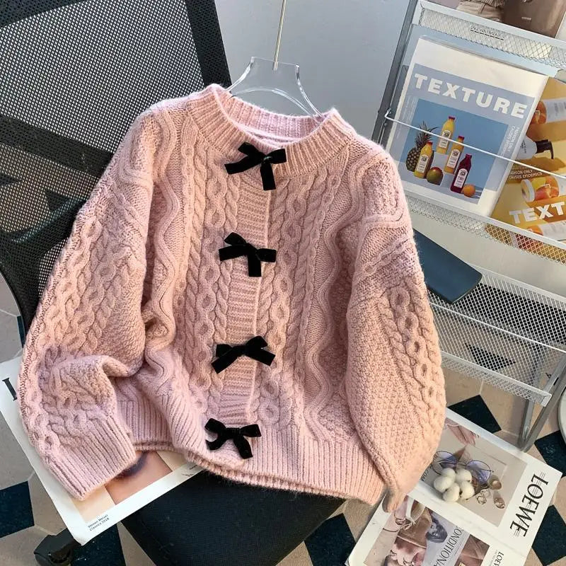 Korean Style Chic Bow Sweater Jacket for Women in Autumn and Winter, Loose, Lazy, Retro, Fashionable, Sweet Knit Sweater