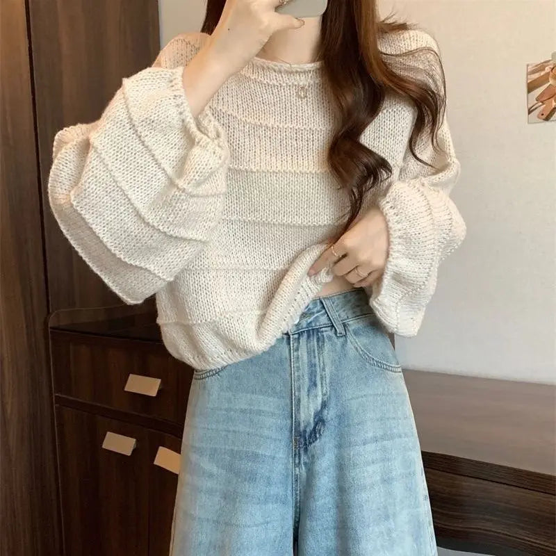Knitted Sweater All Match Round Neck Sweater Pullover Korean Style New Loose Autumn Fashion Casual Chic Solid Color Top