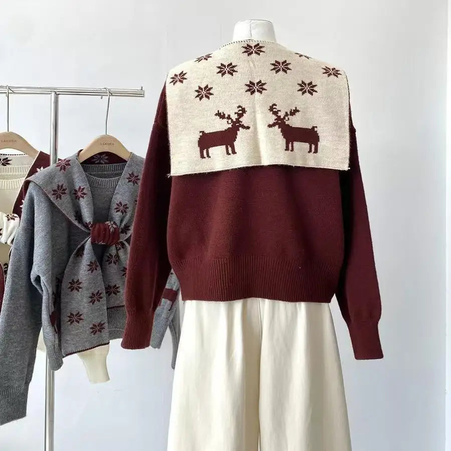 Korean Version of New Red Sweater Christmas Atmosphere Jacquard Long-sleeved Knitted Loose Fashionable Sweater Top