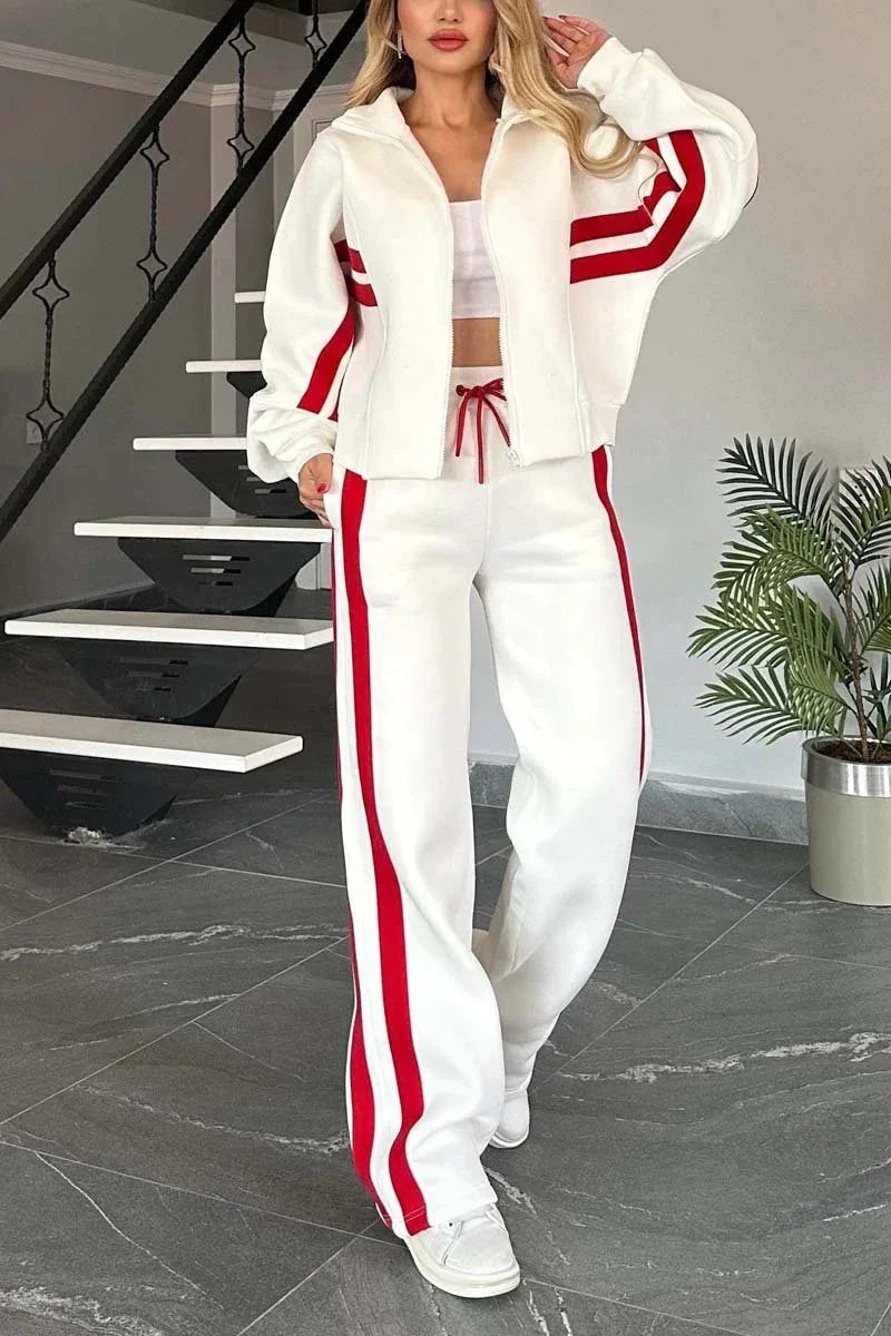 Fashion Long-sleeved Stand-up Collar Zipper Top + Wide-leg Pants 2-piece Set Women Autumn Striped Splicing Sport Suit Female Y2K