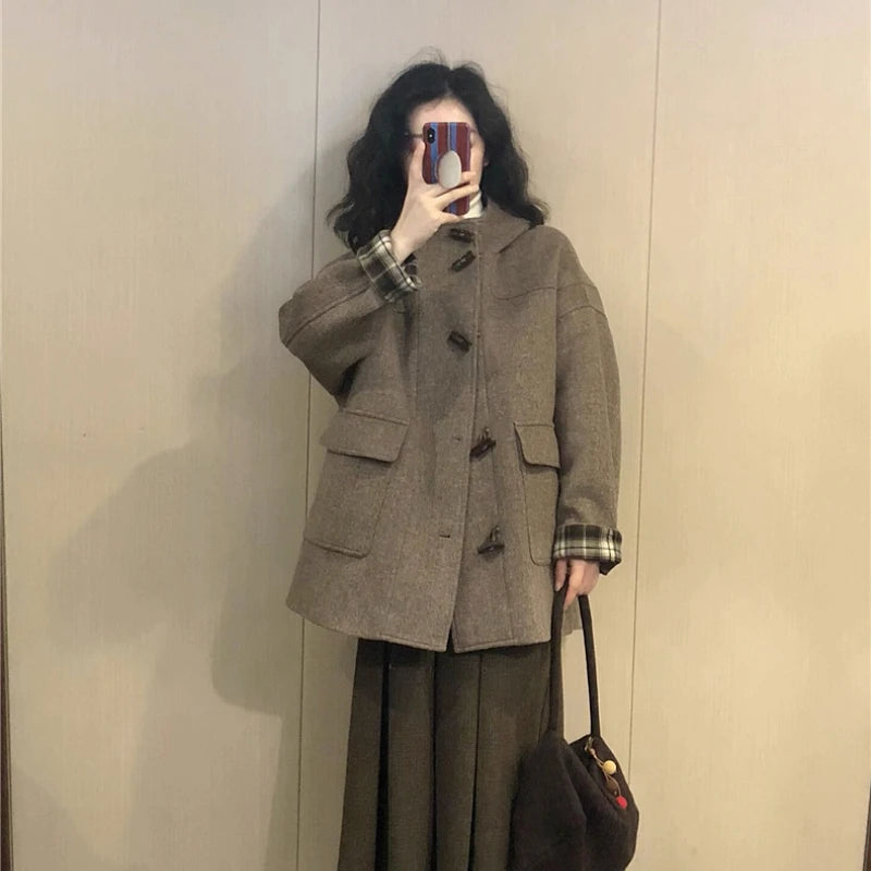Wool Jackets Women Vintage Loose Casual Blends Autumn Winter Thick Korean Style Harajuku Hooded Ulzzang Classic Temperament 2024