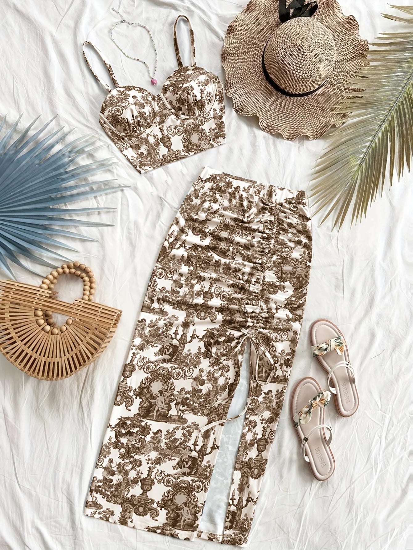 Summer Tops Women's Dress 2 piece suit swimsuit seaside vacation printed suspender Backless Slim top side slit skirt Party Dress