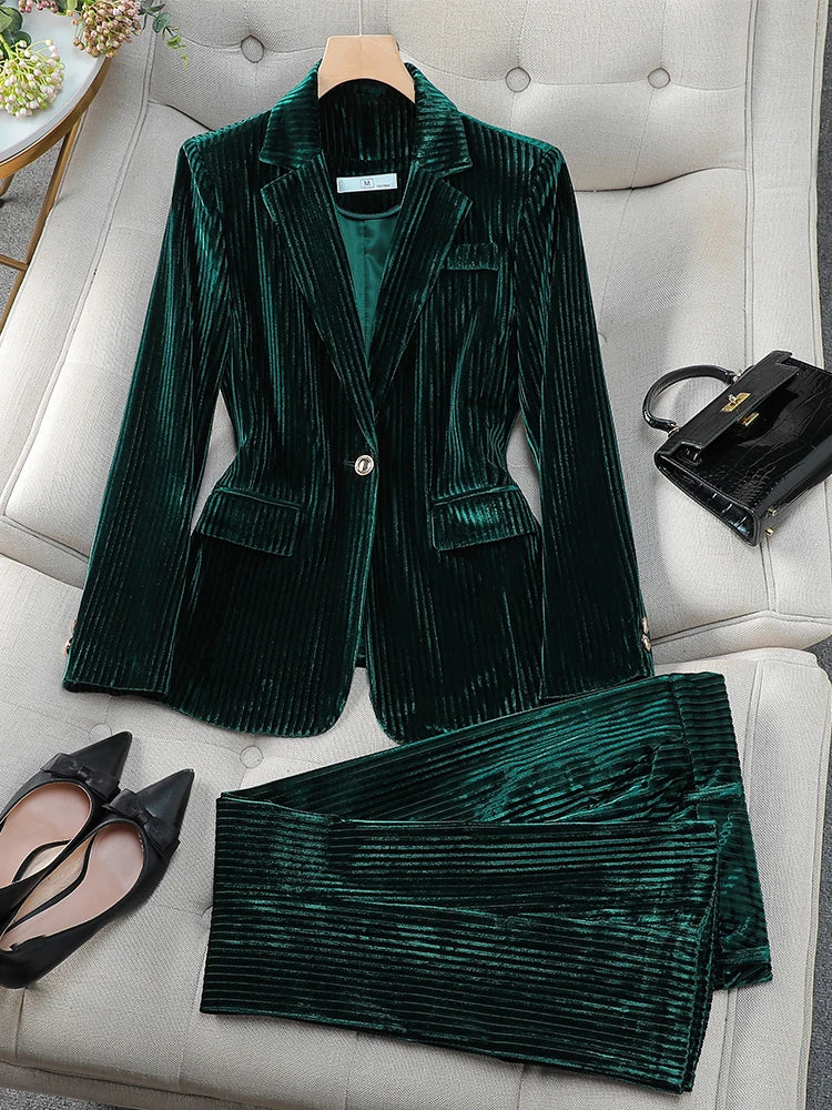 Fashion Red Green Black Blue Ladies Pant Suit Women Female Work Wear Formal Jacket Blazer and Trouser Striped 2 Piece Set