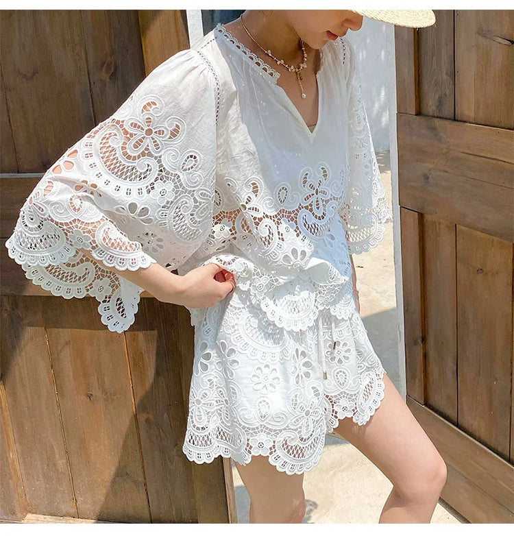 Chic Hollow Lace Embroidery Suit French V-neck Casual Top + Elastic Waist Shorts 2-piece Set For Vacation Beach Women Outfits