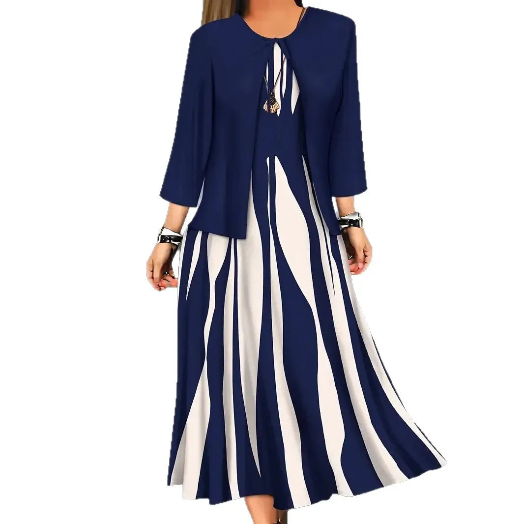 Plus Size Plus Size Geometric Print Long Sleeve Dress And Jacket Set Two Piece Set Large Size Polyester Fiber Women's Fashion