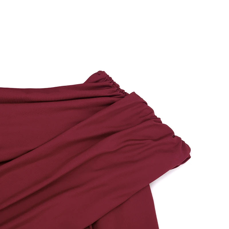 CUTENOVA Women'S Fall/Winter New Arrival Solid Color Elegant Fitted Asymmetrical Neckline Pleated Long Dress Chic Party Dress