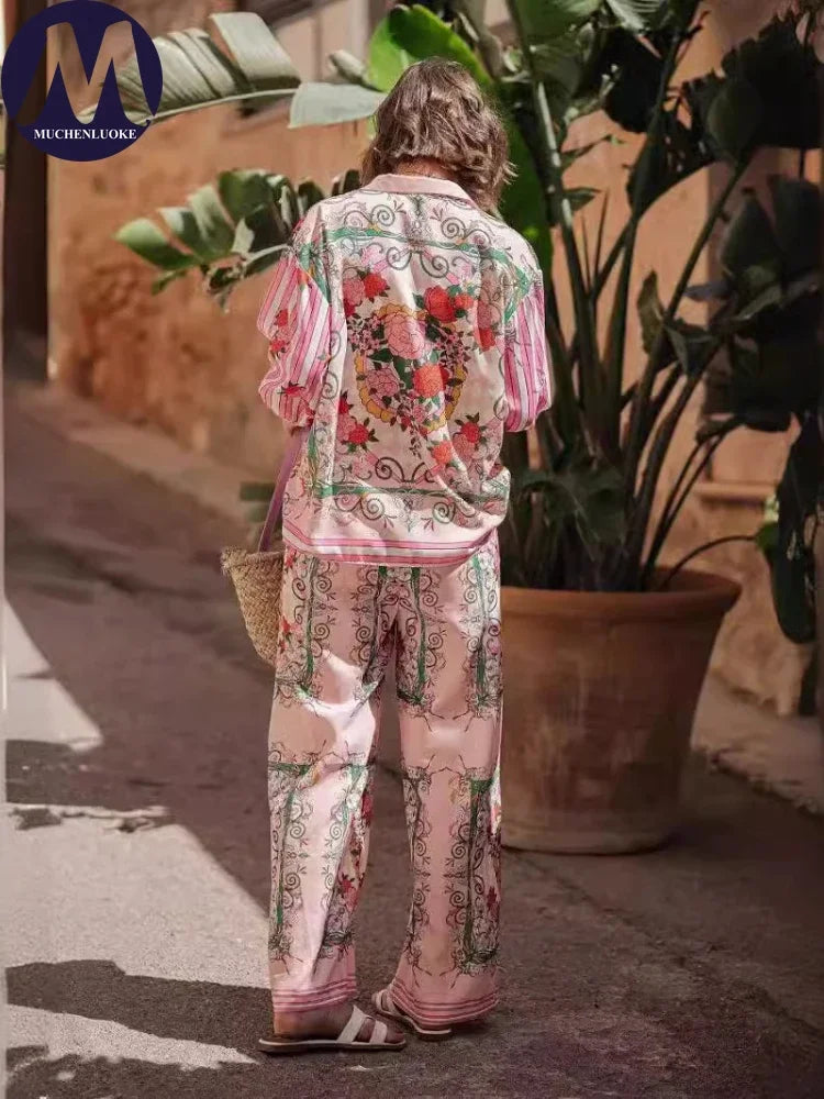 2 Pieces Set for Woman Summer Elegant Versatile Printed Long Sleeves Shirt Suits Fashionable Casual Loose Wide Leg Pants Sets
