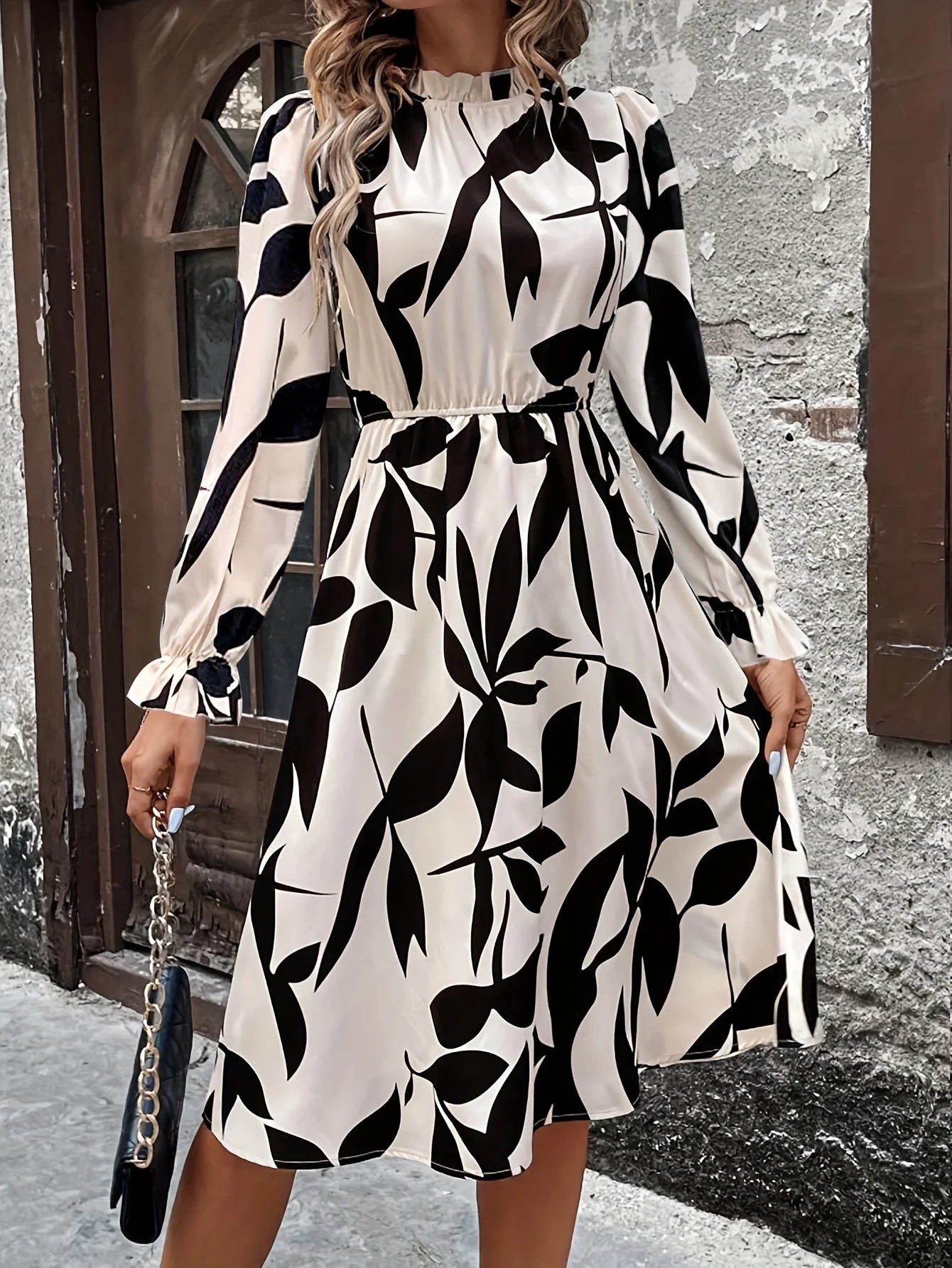 Autumn New Elegant Women Print Dress Casual Fashion Turtlneck Long Sleeve Vacation Long Dresses