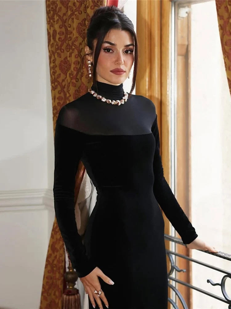 Nibber Full Sleeve Turtleneck Mesh Patchwork Long Dress Woman Elegant Velvet Slim High Waist Evening Prom Party Elegant Bodycon