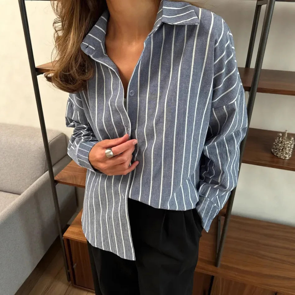 Women's Striped Shirt Casual Loose Polo Neck Long Sleeve Single Breasted Basic Office Lady Shirts
