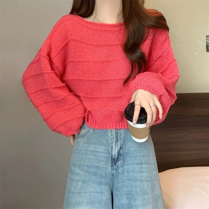 Knitted Sweater All Match Round Neck Sweater Pullover Korean Style New Loose Autumn Fashion Casual Chic Solid Color Top