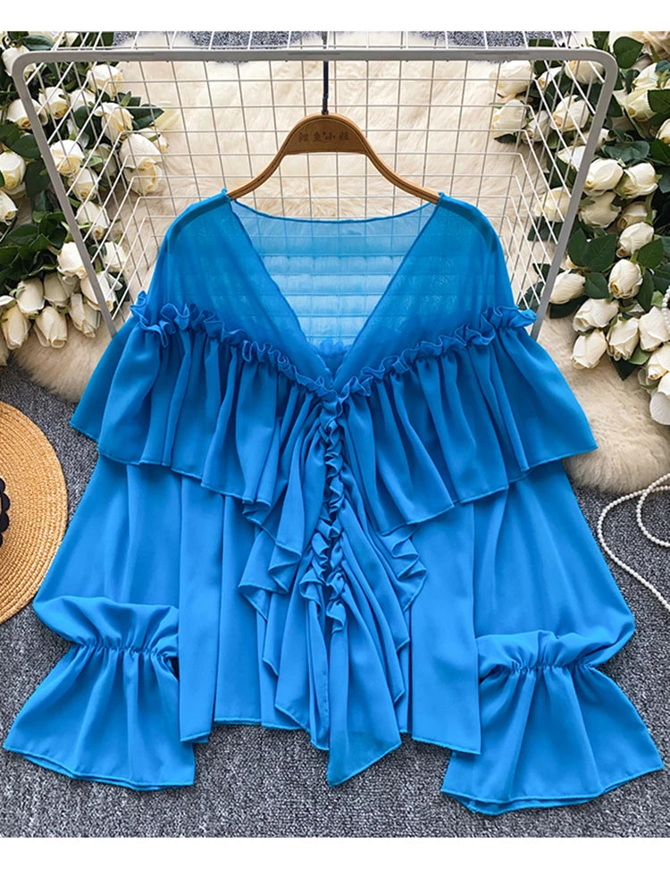 New Summer Autumn Women's Ruffle Splicing Horn Sleeve Chiffon Blouse Top Apricot Fashion Elegant Loose Blusa Feminina C313