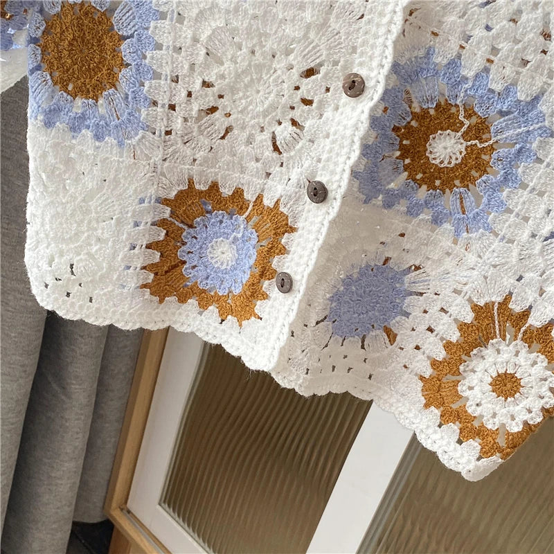 Granny Square Collared Button-up Crochet Top Short Sleeve Sheer Open-knit Crop Cardigan Women Summer Boho Vacation Outfit