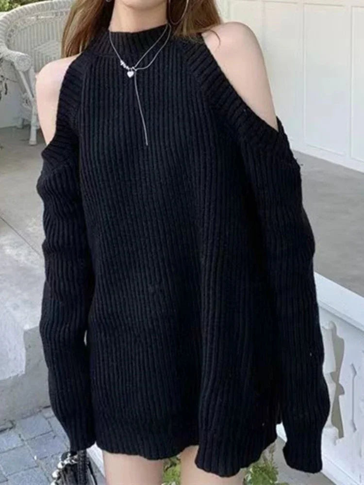 Women's Korean Fashion Knitted Sweater Autumn Winter High Collar Off-Shoulder Casual Loose Pullover Half Hanging Neck Design