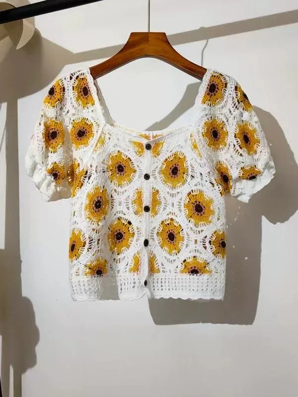 Embroidered Daisy Crochet Top Puff Sleeve Square Neck Openknit Floral Crop Blouse Summer Women Teen-girl Fairycore Outfit