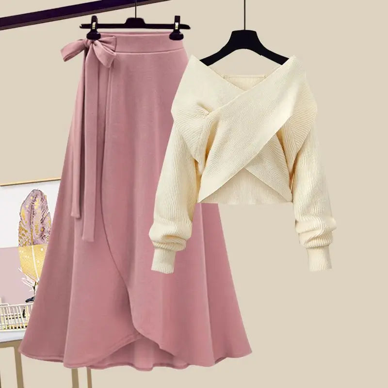 Spring/Summer Set Women's 2023 New Large Women's Korean Slim Cross Sweater High Waist Half Skirt Two Piece Set Fashion