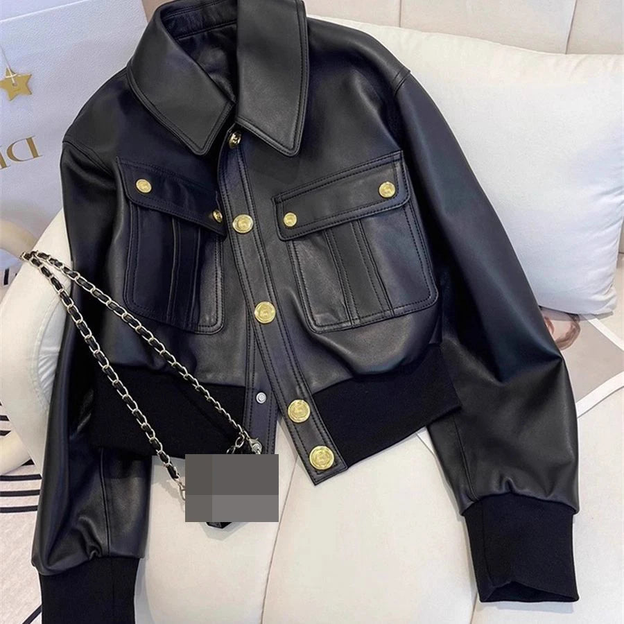 Black ribbed jacket top women's short 2025 autumn new coat  leather jacket women winter jacket