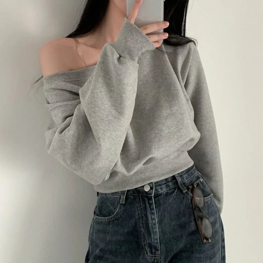Korean Style Retro Long Sleeve T Shirt Loose Solid Color Sweatshirts for Women Casual Stylish Autumn Hoodie Crop Top Streetwear