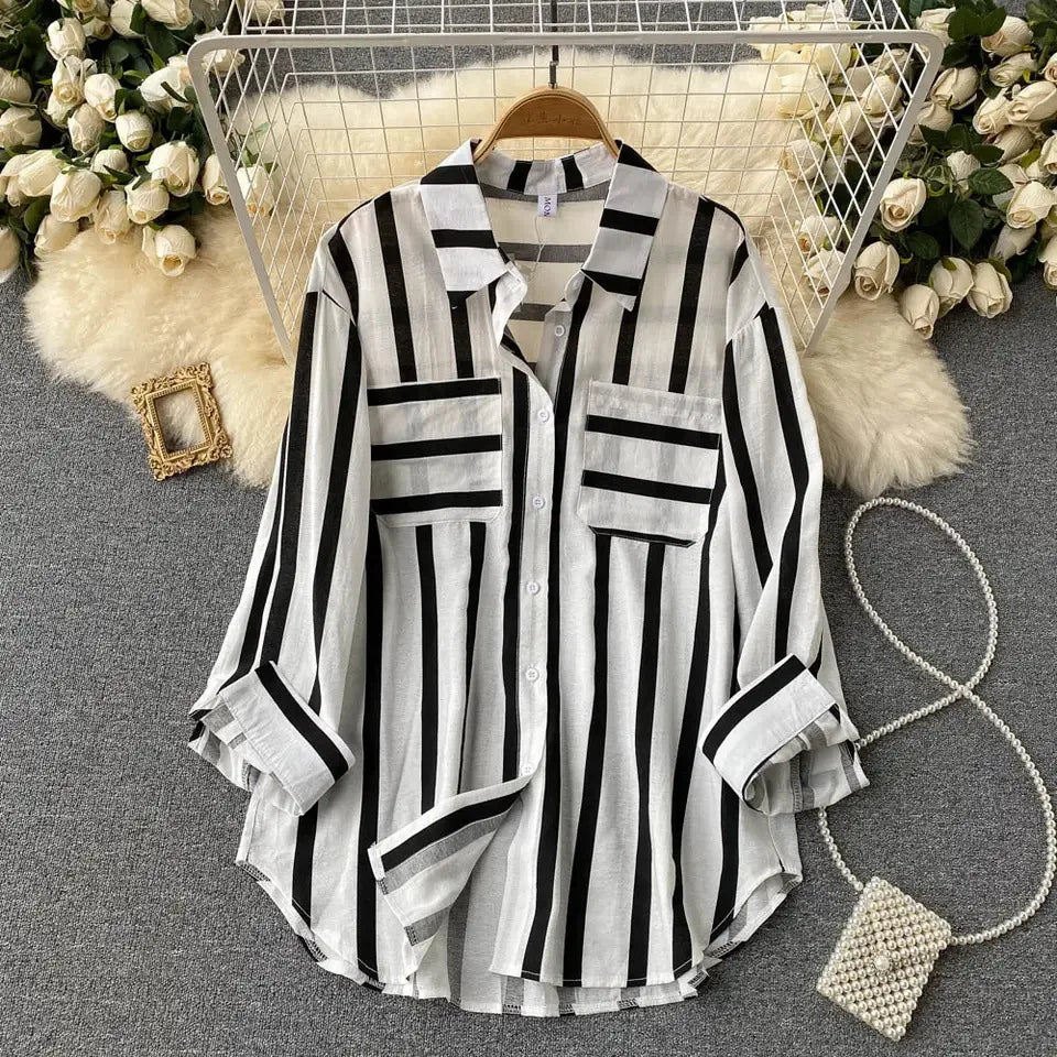 Striped Blouses Women Midi Shirt Single Breasted Cardigan Shirts Loose Turn Down Collar Spring Casual Button Streetwear