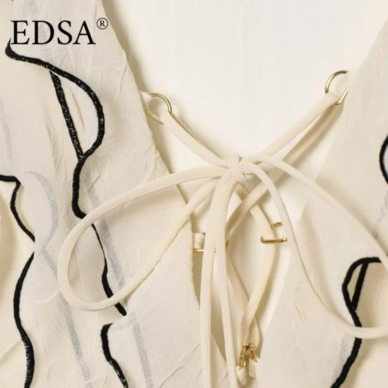 EDSA Women Vintage Semi-sheer Blouse with Ruffles Trims with Drawstring V-neck Long Sleeves Elasticated Cuffs Summer Shirt Tops