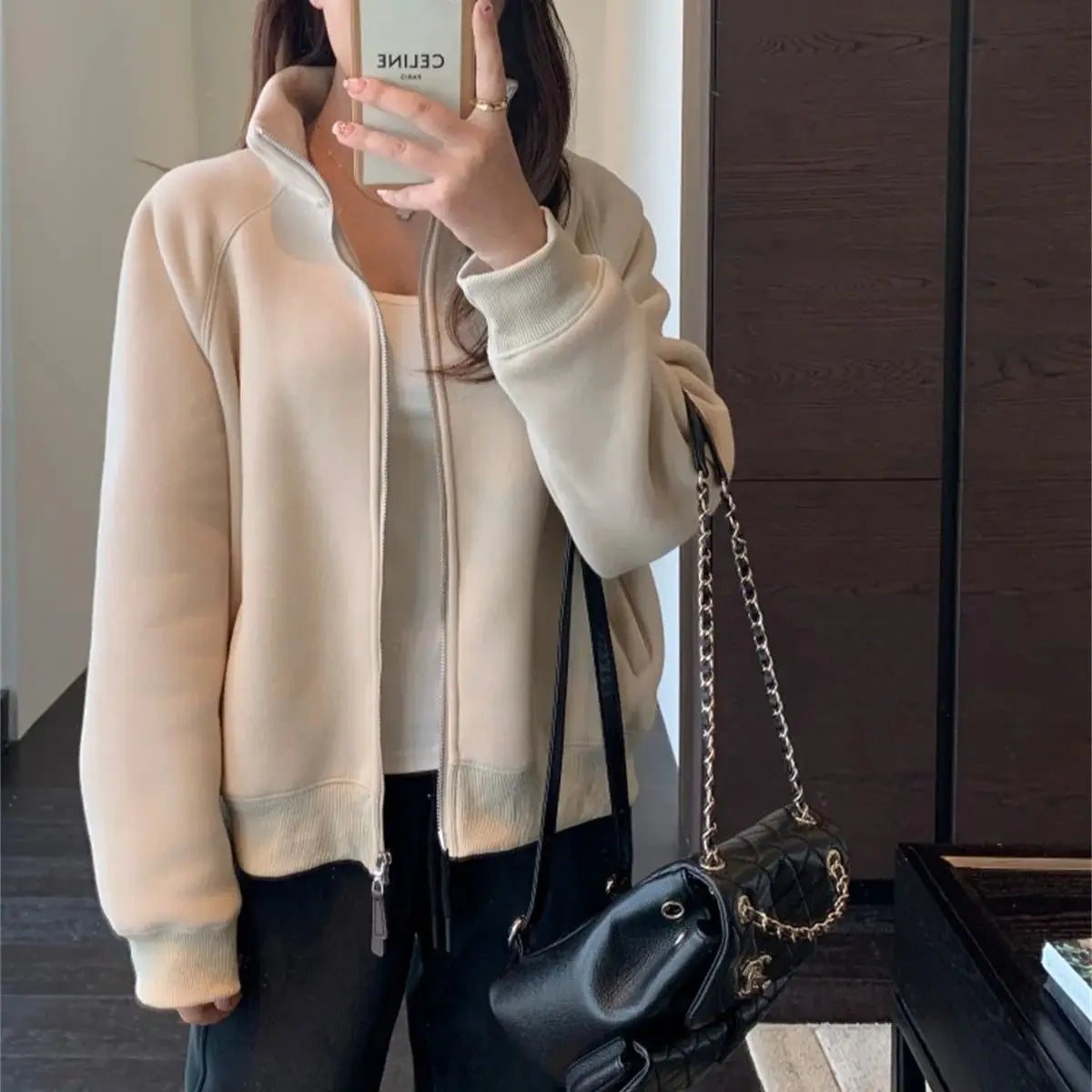Women Autumn Winter Sweatshirt Coat Zip Up Solid Long Sleeve Stand Neck Jacket Lady Fashion Casual Street Vintage Coats Outwear