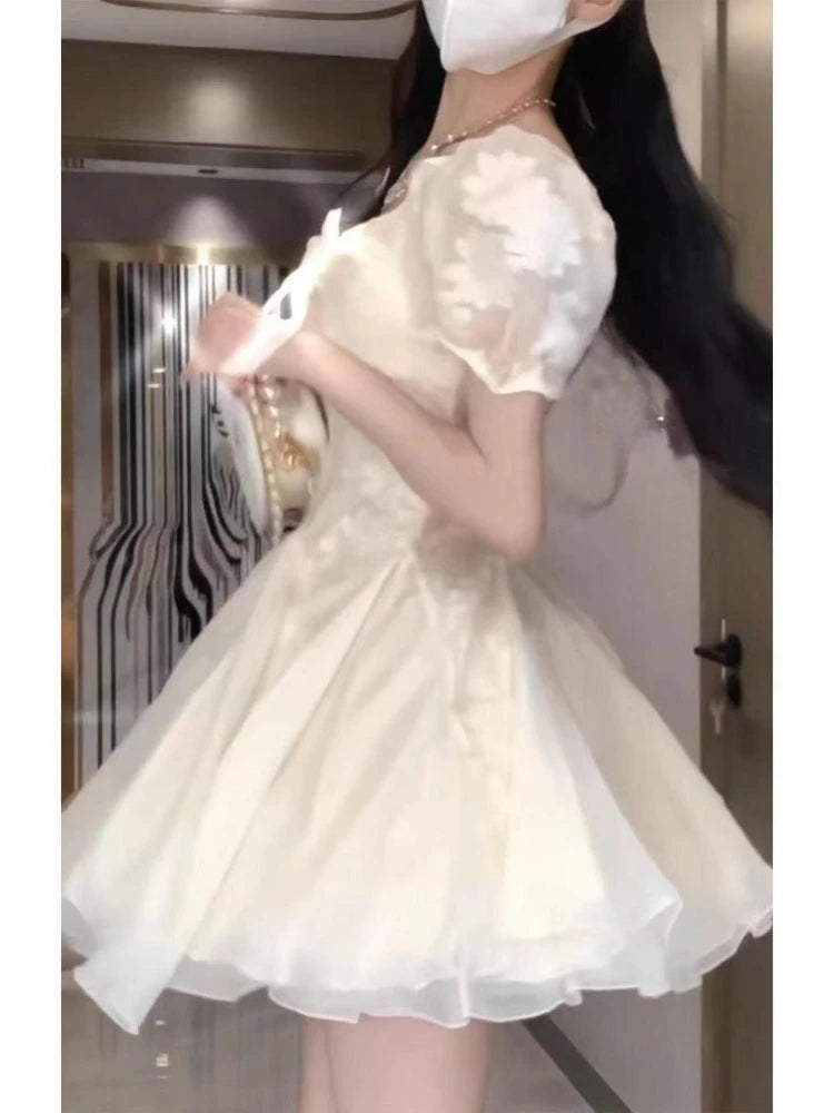 Summer French Sweet Pure Style First Puff Sleeve Lace Trim White Dress Women Slim Fit Waist A-Line Short Dress Elegant Clothes